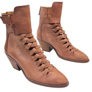 Sundance Vera Cruz Jazina Heeled Boot Woven Front Brick Brown Leather Size 9 1/2
